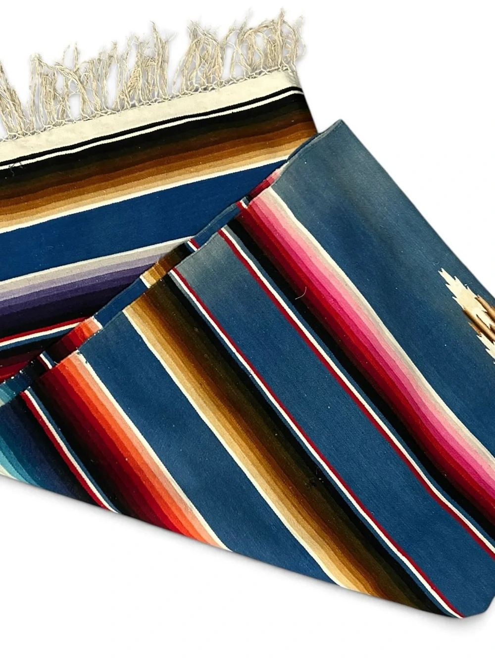 MCM Vintage Handwoven Blue Striped Mexican Serape Wool Blanket - Multi-Color